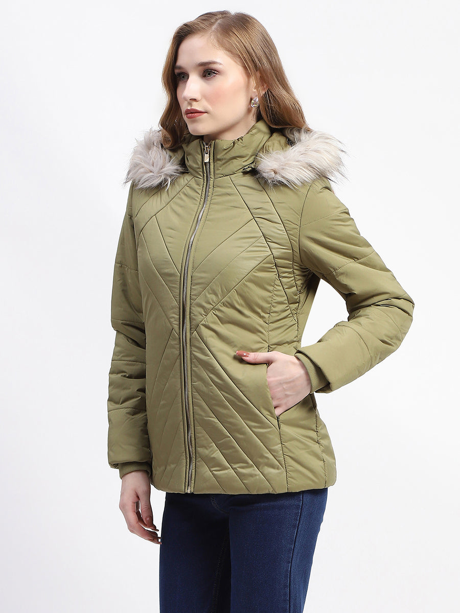 Madame Faux Fur Quilted Apple Green High Collar Puffer Jacket