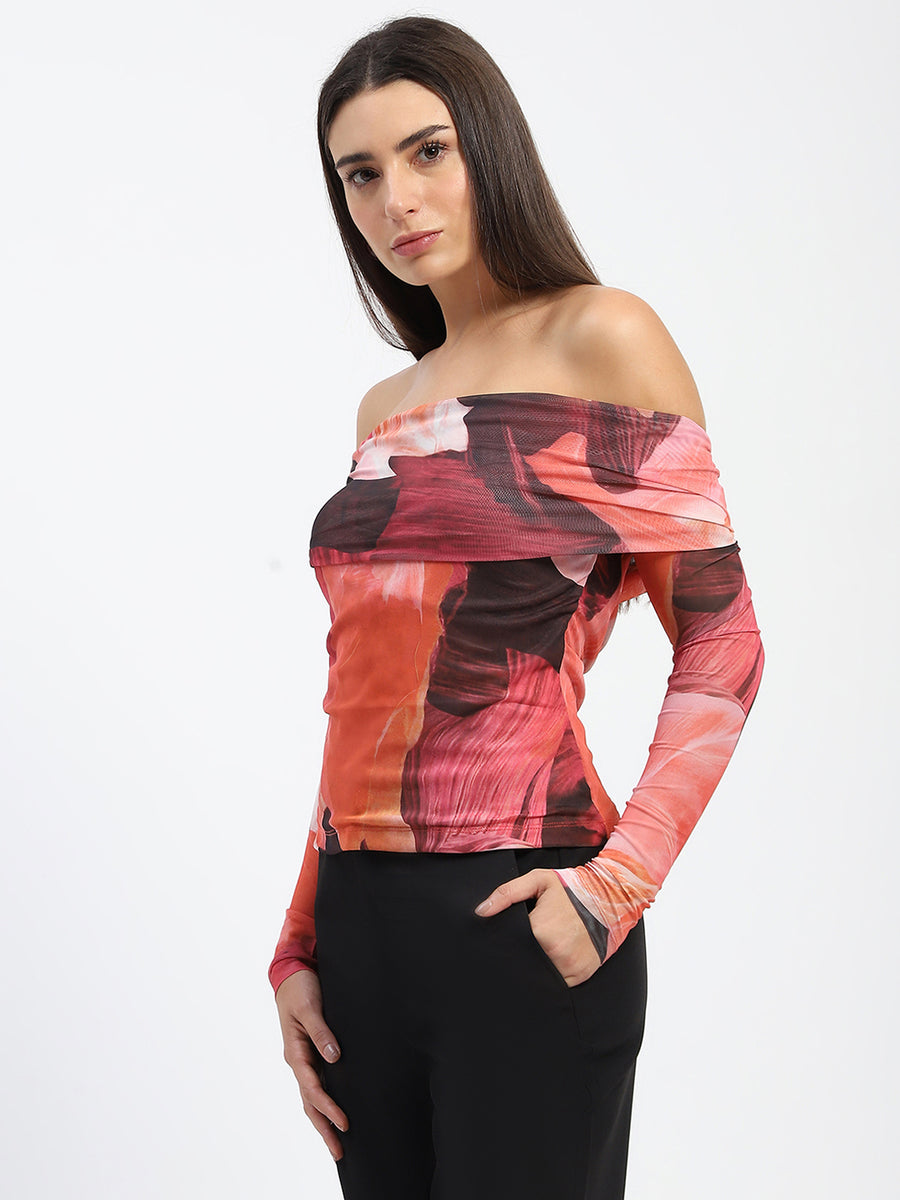 Madame Off Shoulder Semi Sheer Abstract Print Orange Top