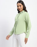 Madame Collar And Sleeve Embellished Green Shirt