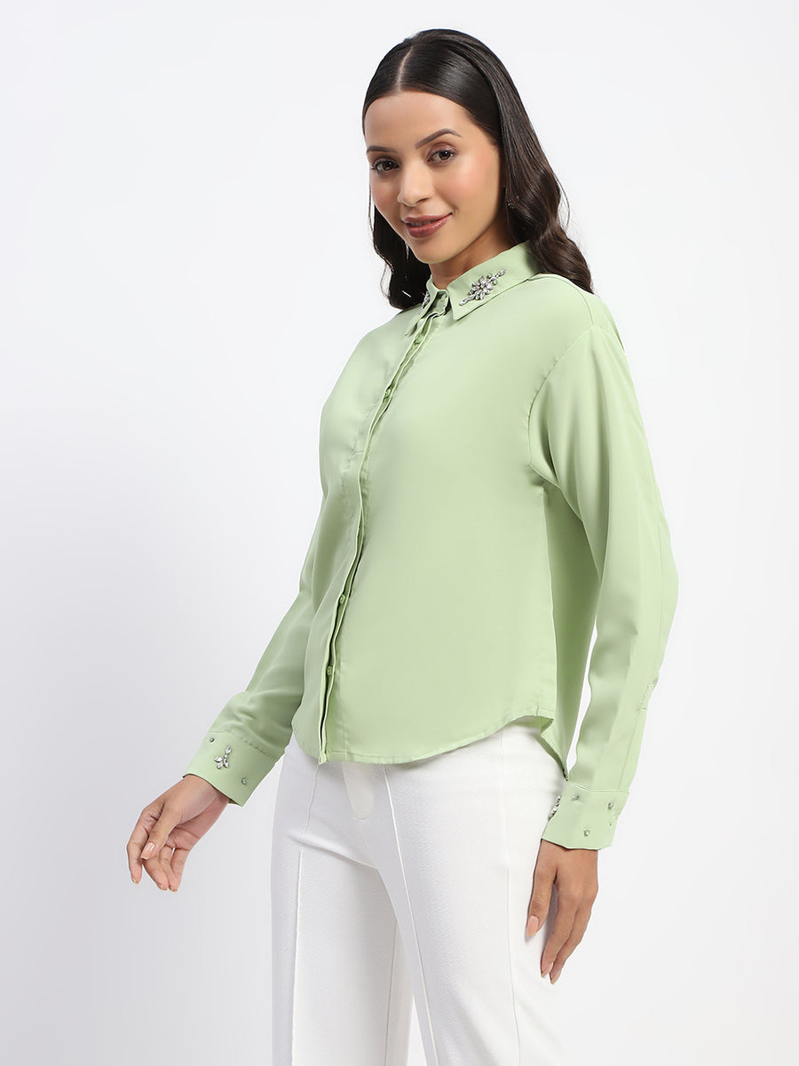 Madame Collar And Sleeve Embellished Green Shirt