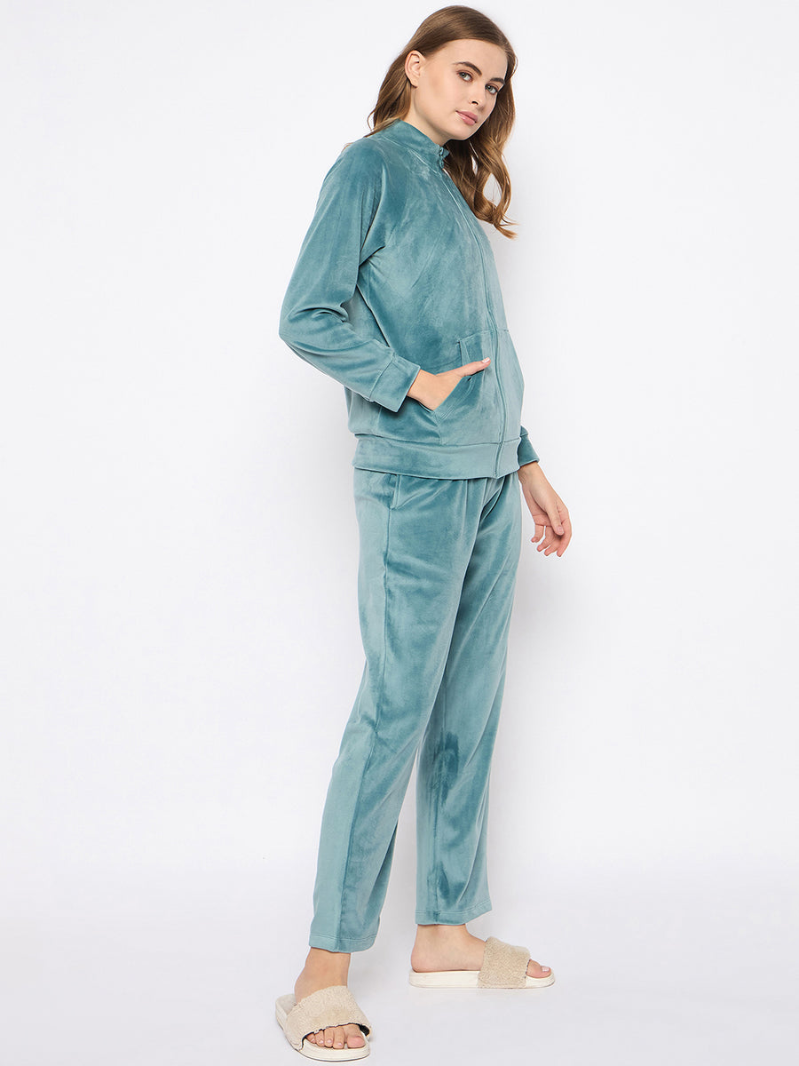 mSECRET Velour Branding Zipped Mint Green Top and Bottom Night Suit