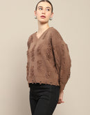 Madame Fringe Detailed V Neck Brown Sweater