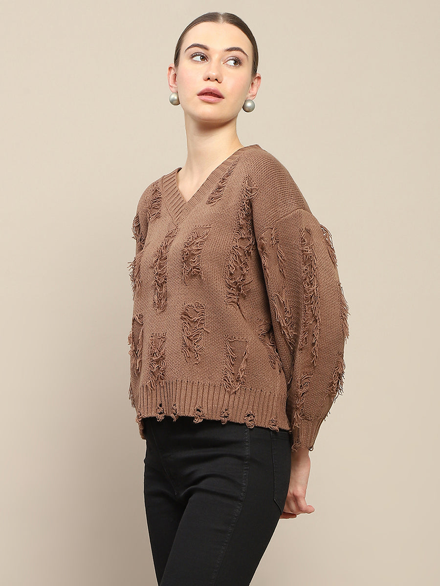 Madame Fringe Detailed V Neck Brown Sweater