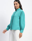 Madame Embellished Cuffed Sleeve Green Shirt