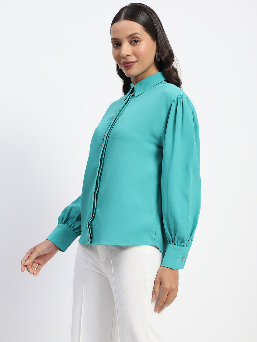 Madame Embellished Cuffed Sleeve Green Shirt