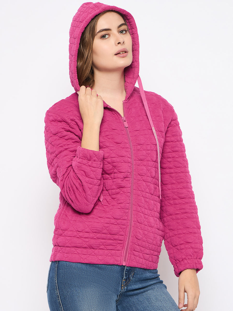 Madame Cotton Blend Self-Textured Zipped Hot Pink Sweatshirt