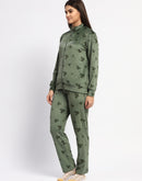 mSECRET Typography Adorned  Zipped Top and Bottom Green Cotton Night Suit