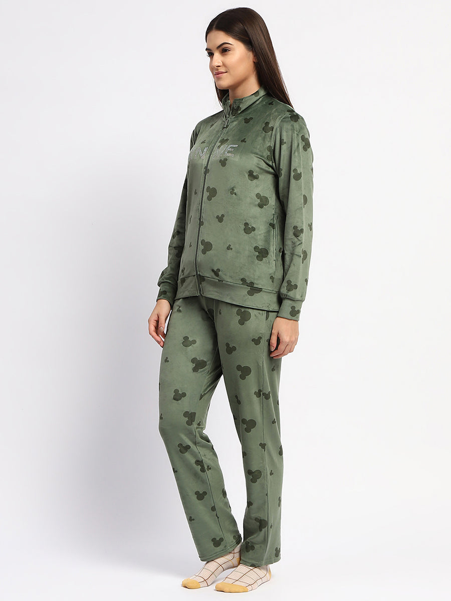 mSECRET Typography Adorned  Zipped Top and Bottom Green Cotton Night Suit