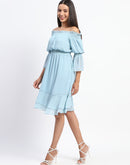 Madame Gathered Waist Off Shoulder Aqua Dress