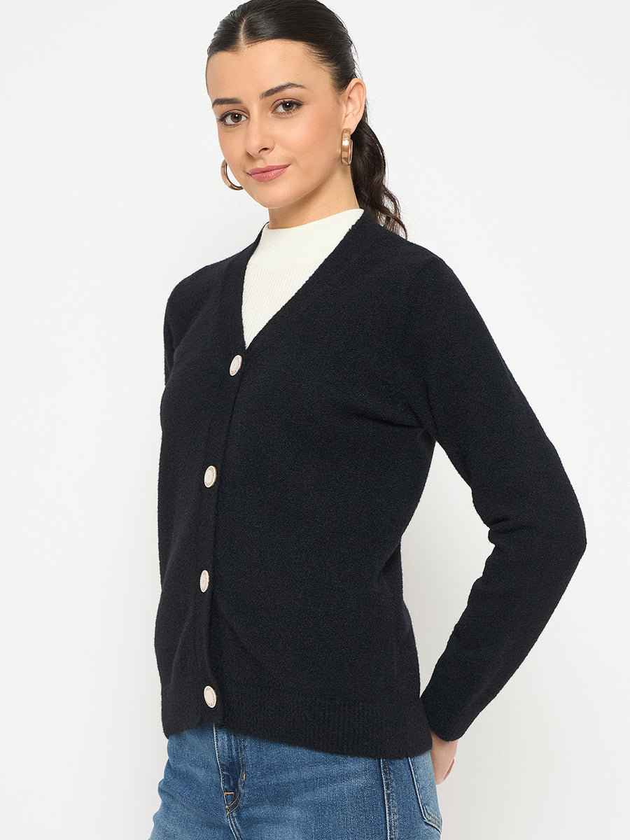 Madame V Neck Solid Black Cardigan