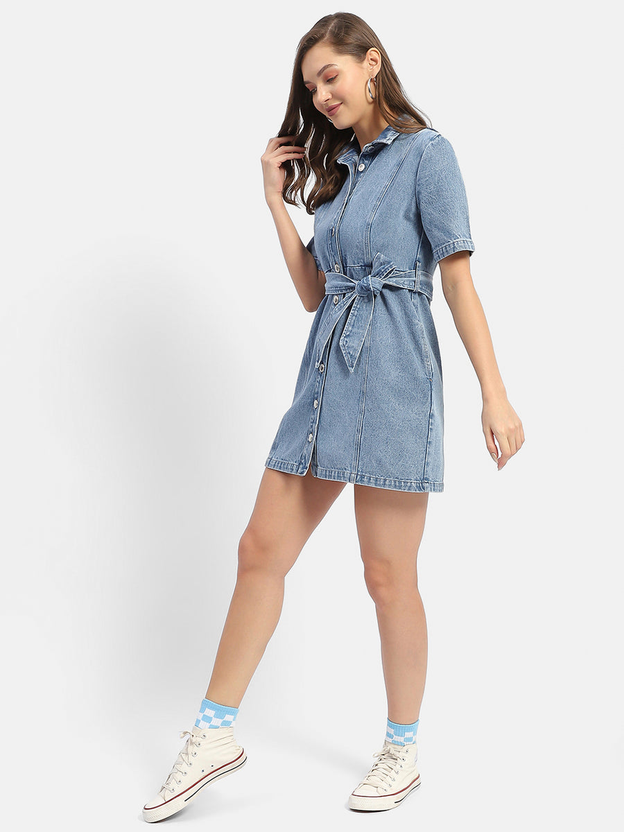 Madame Belted Waist Mid Blue Denim Shirt Dress