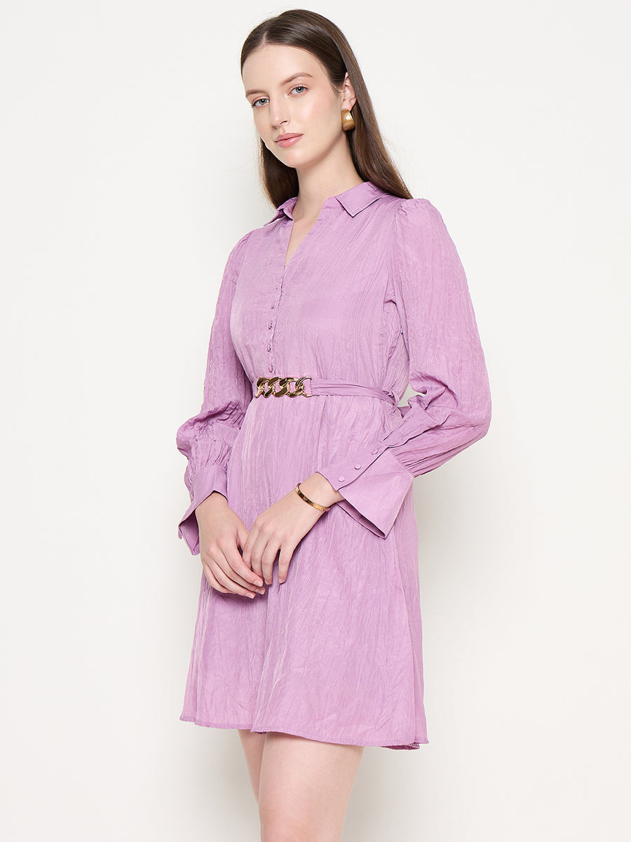 Madame Flounce Sleeved Belted Mauve Mini Dress