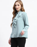 Madame Ruffle Collar Solid Grey Shirt