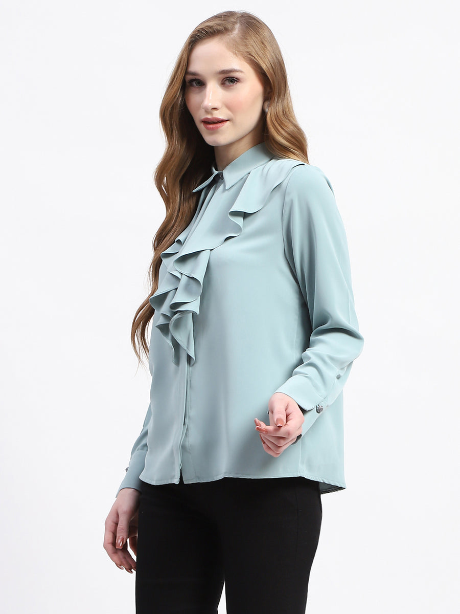 Madame Ruffle Collar Solid Grey Shirt