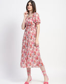 Madame Floral Print Cinch Waist Pink Midi Dress