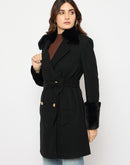 Madame Faux Fur Appliqué Double Breasted Black Long Coat