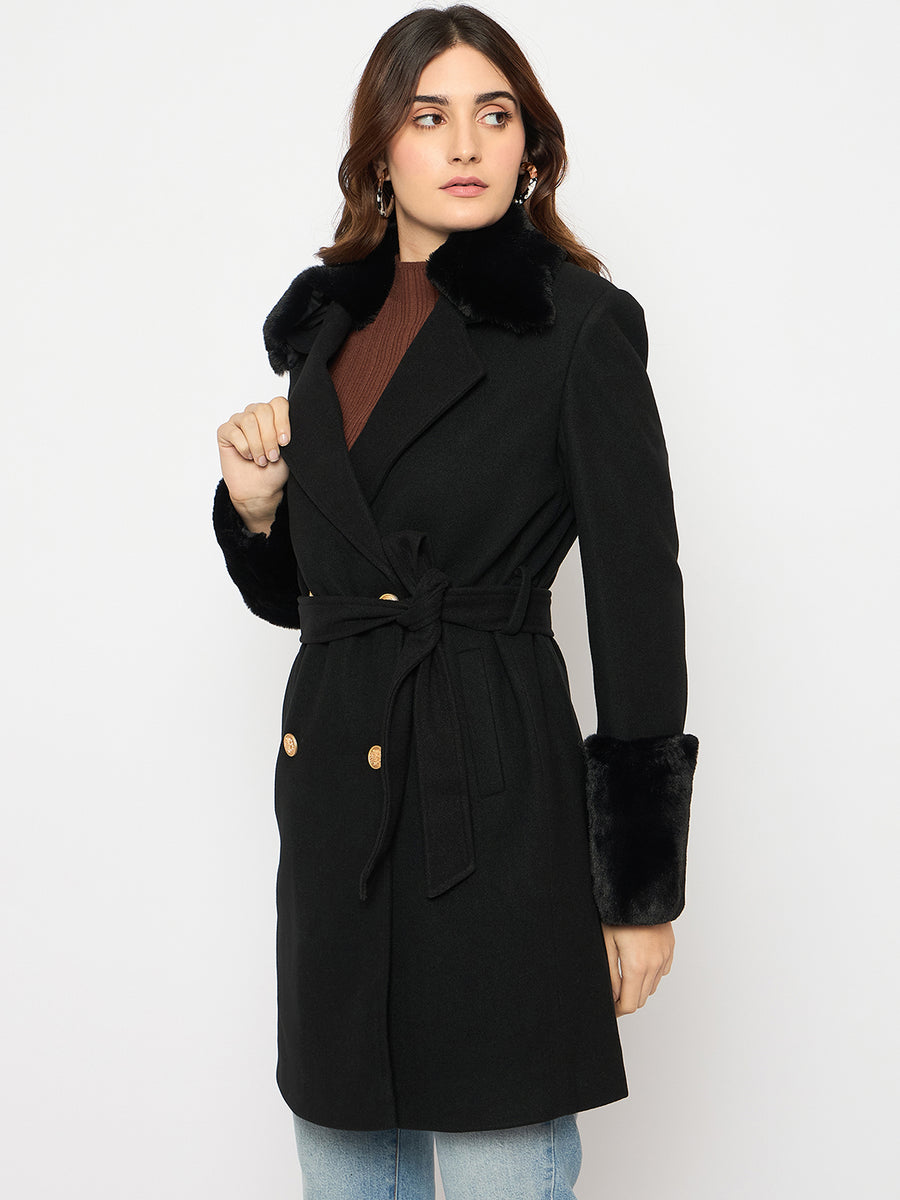 Madame Faux Fur Appliqué Double Breasted Black Long Coat