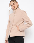 Madame Textured High Neck Beige Short Coat