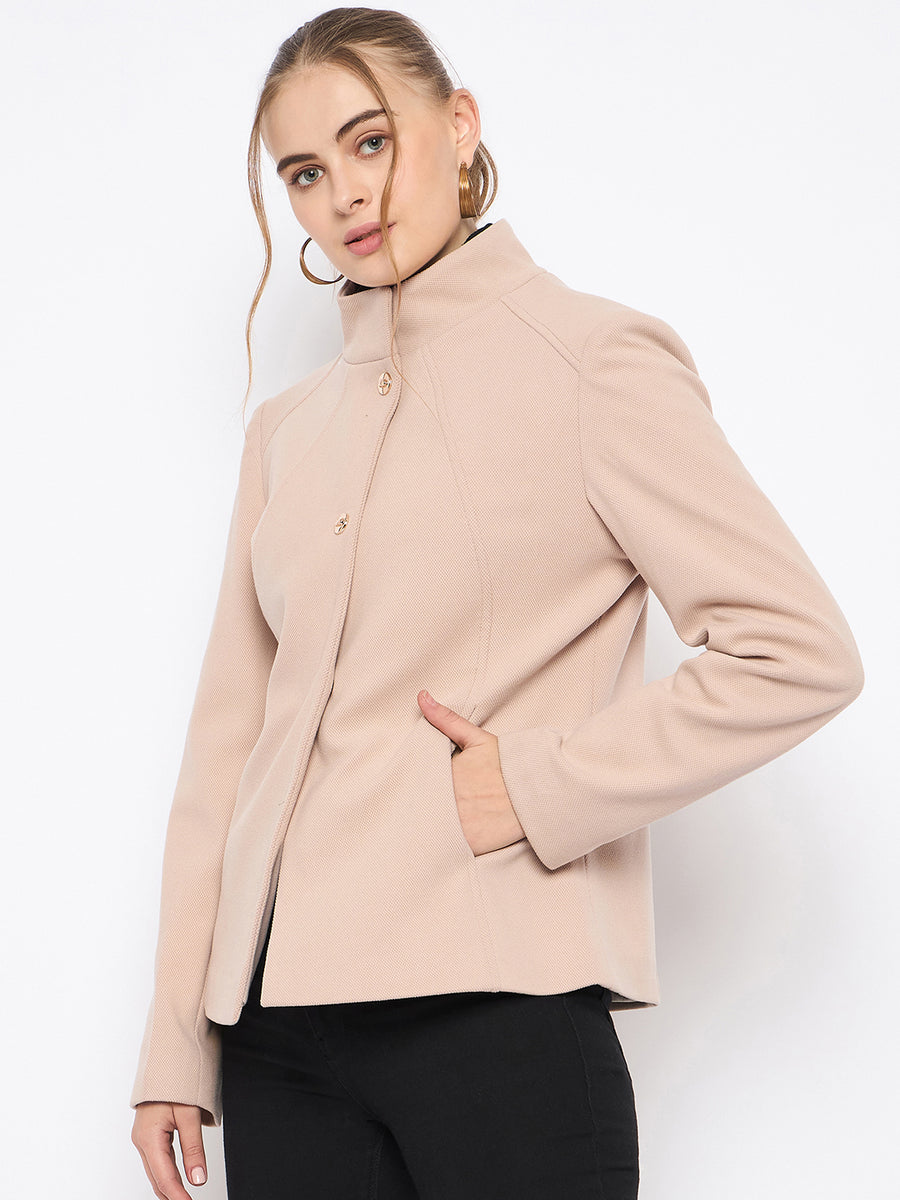 Madame Textured High Neck Beige Short Coat