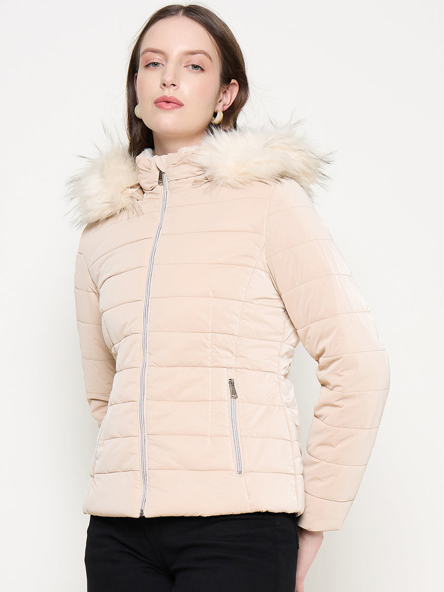 Madame Nylon Detachable Hood Quilted Brown Short Jacket