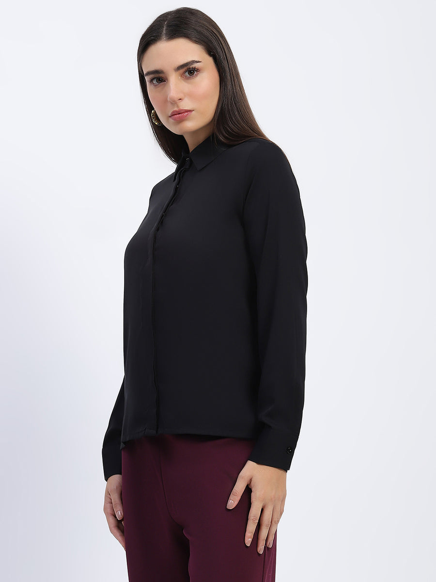 Madame Button Down Solid Black Shirt