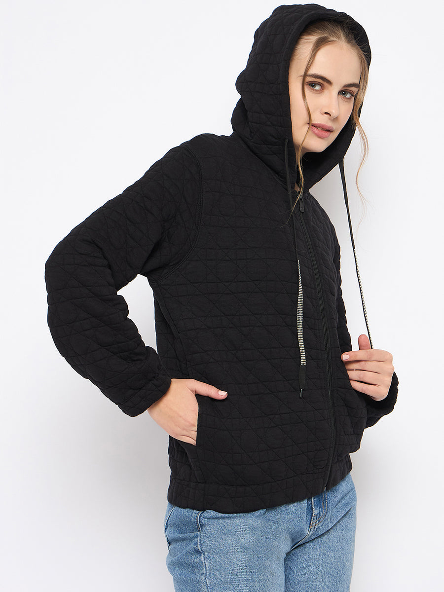 Madame Knitted Self-Textured Zipped Black Hooded Sweatshirt