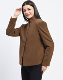 Madame Textured High Neck Coffee Brown Short Coat