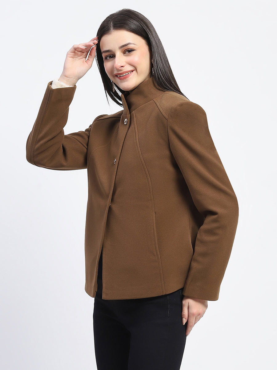 Madame Textured High Neck Coffee Brown Short Coat