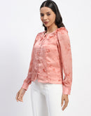 Madame Abstract Print Tie Neck Button Down Peach Top