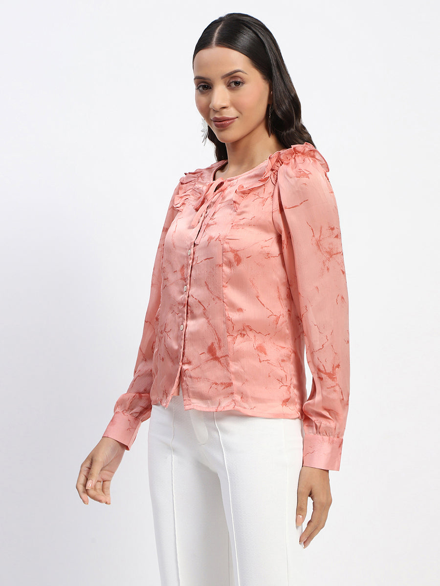 Madame Abstract Print Tie Neck Button Down Peach Top