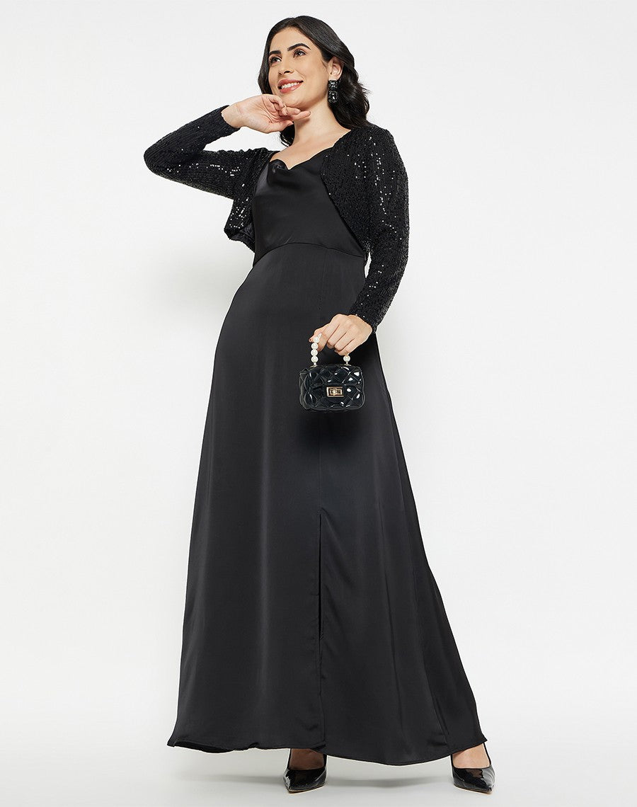 Madame Black Cowl Neck Slit Dress With Sequined Jacket