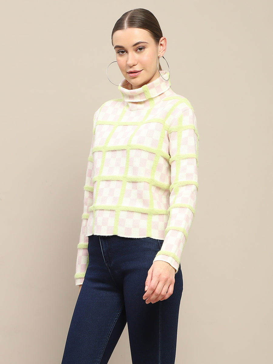 Madame Chequered Full Sleeve Pink Sweater