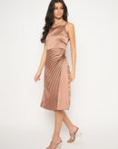 Madame Pleated Satin Light Brown Midi Dress