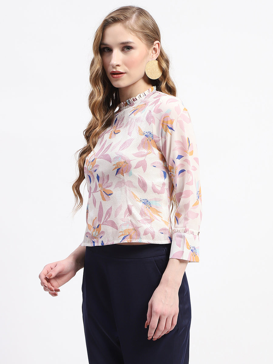 Madame Floral Print Off-White Mock Neck Top