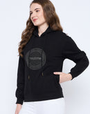 Madame Graphic Print Loose Fit Black Hooded Sweatshirt