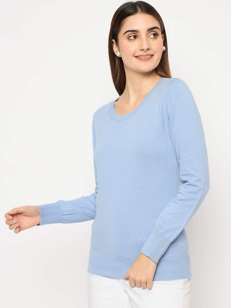 Madame Round Neck Ribbed Cuff Sky Blue Sweater