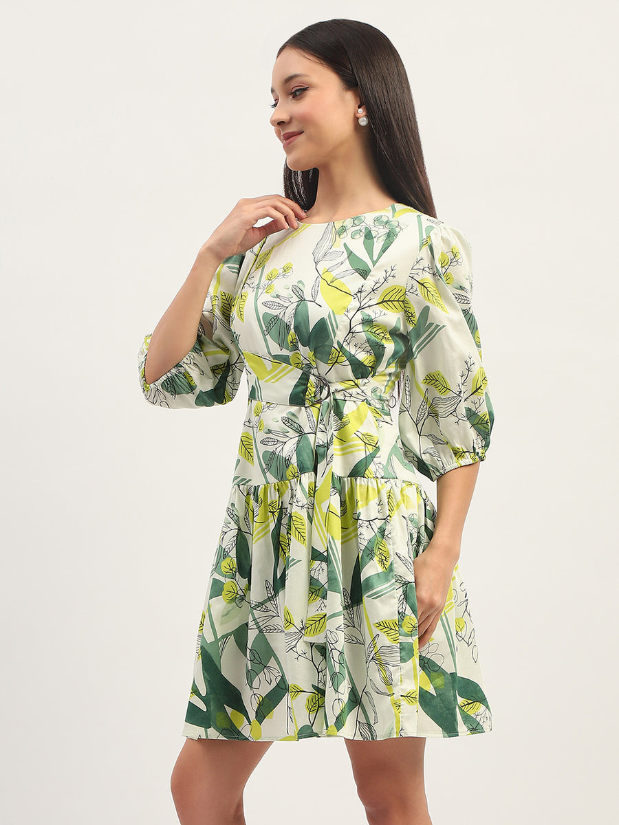 Madame Tier Print Fit And Flare Cotton Lime Mini Dress