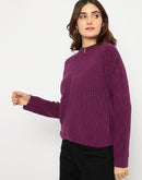 Madame Self Design Zipped Purple Sweater