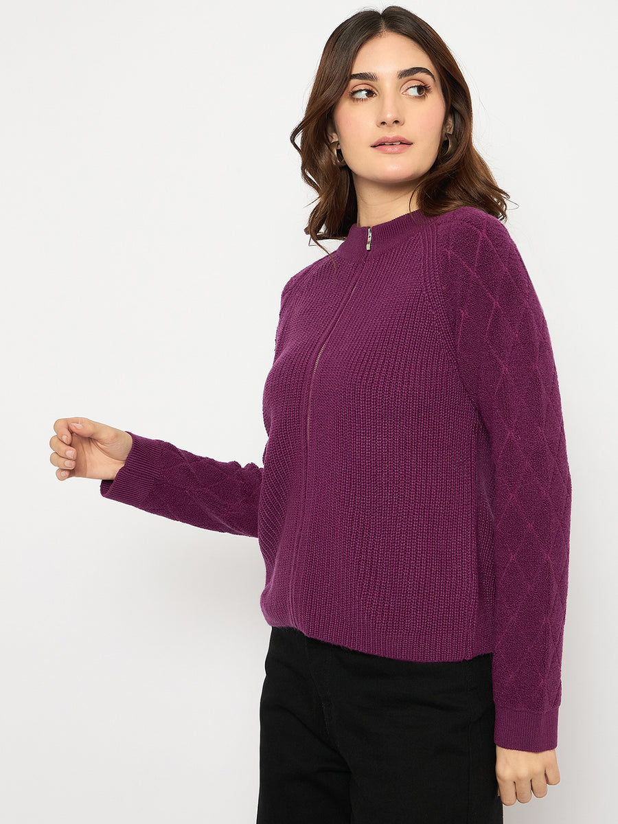 Madame Self Design Zipped Purple Sweater