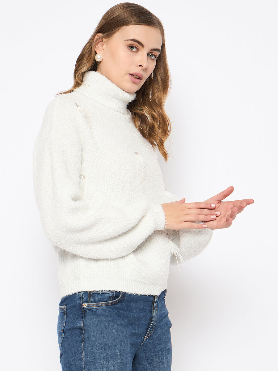 Madame Embellished Turtleneck Off White Sweater