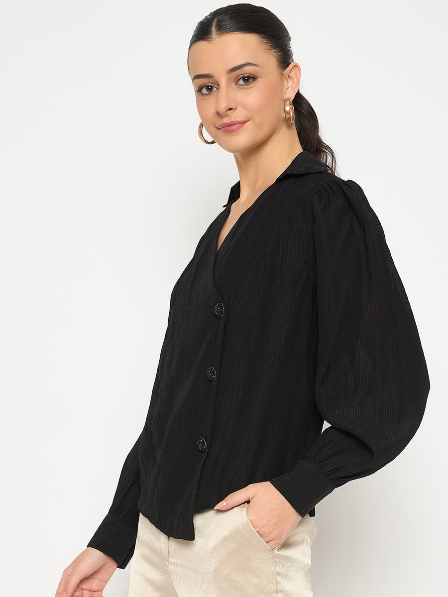 Madame Black Asymmetrical Hemline Rayon Blend Shirt