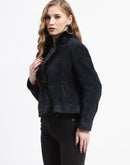 Madame Teal Fur Lapel Notch Coat