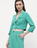 Madame Ruched Sleeve Jade Green Lapel Collar Crop Blazer