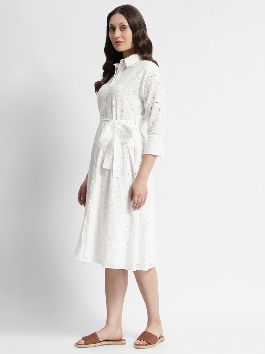 Madame White Schiffli Self Belted Midi Shirt Dress