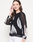 Madame Botanical Print Round Neck Black Top