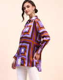 Camla Barcelona Geometric Print Cuff Sleeve Purple Shirt