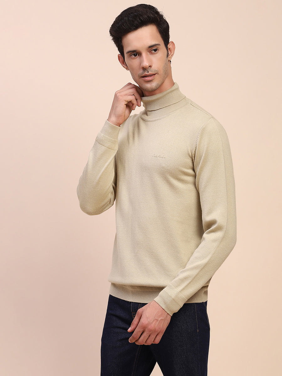 Camla Barcelona Embossed High Neck Solid Beige Sweater