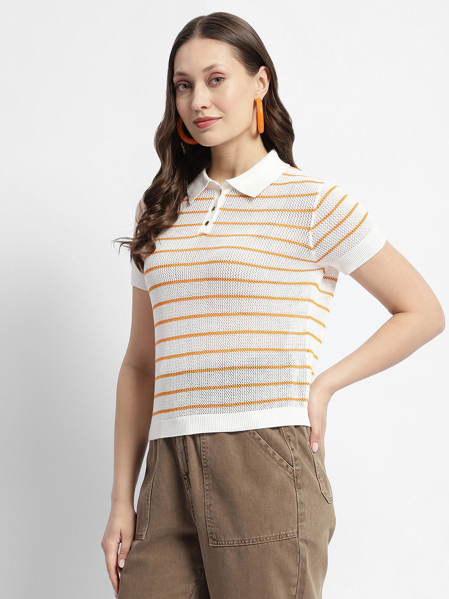 Madame Orange Striped Polo Neck T-Shirt