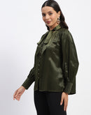 Madame Tie Up Neck Cuffed Sleeve Olive Top