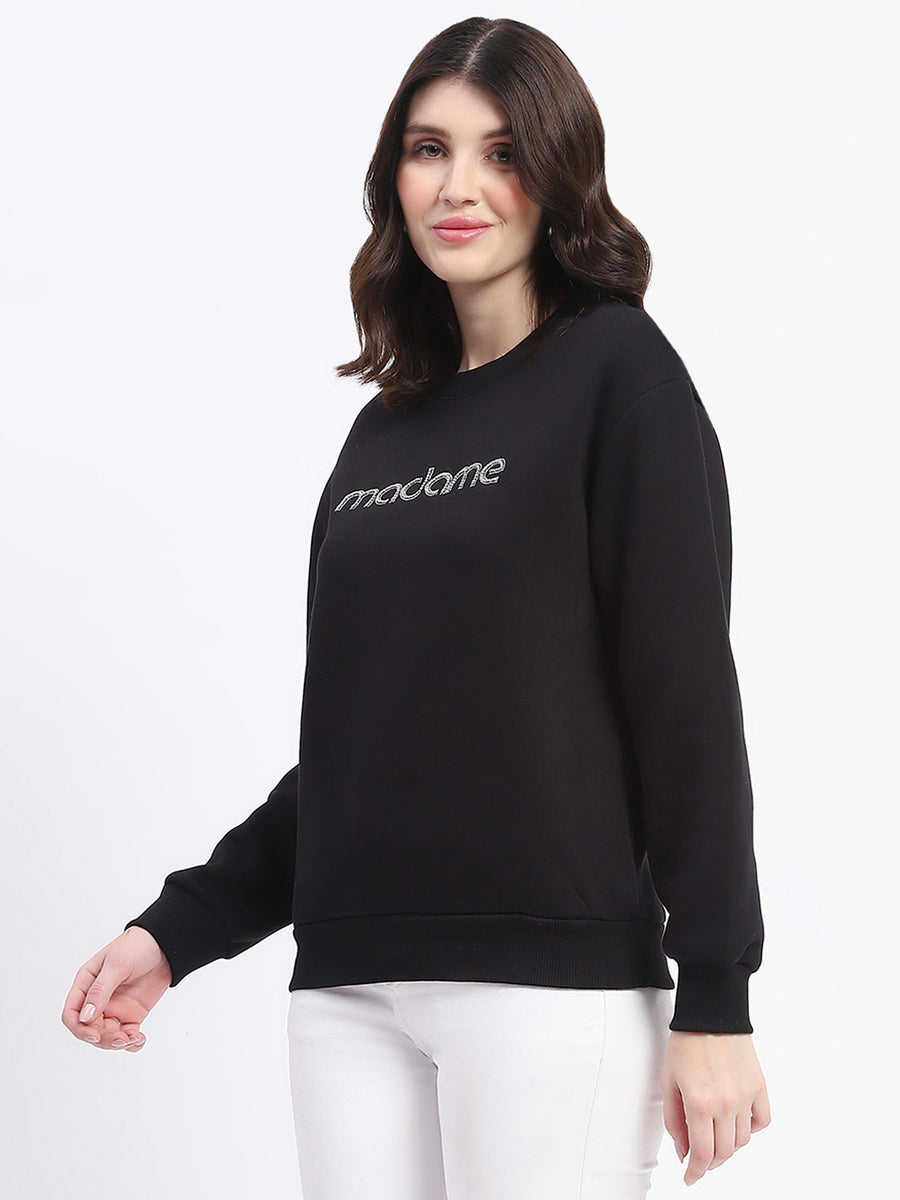 Madame Fleece Handwork And Embroidered Black Sweatshirt  For Women